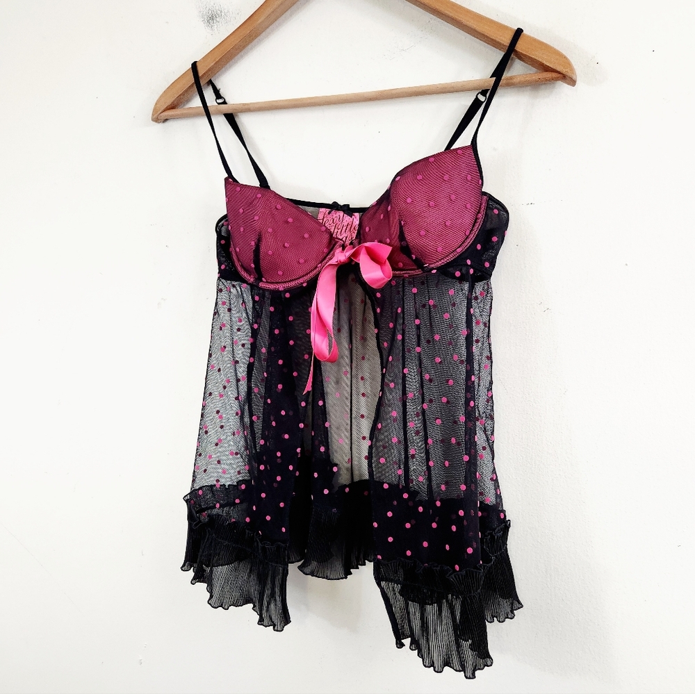 Victoria's Secret Black & Hot Pink Sheer Polka Dot Babydoll
